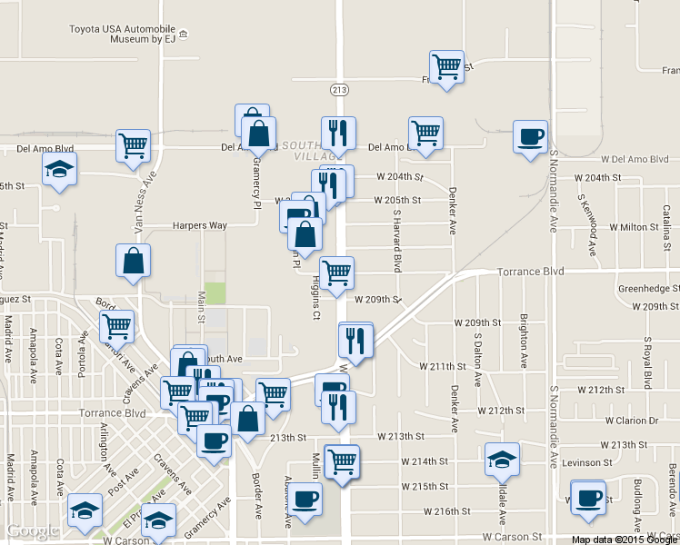 map of restaurants, bars, coffee shops, grocery stores, and more near 20775 California 213 in Torrance