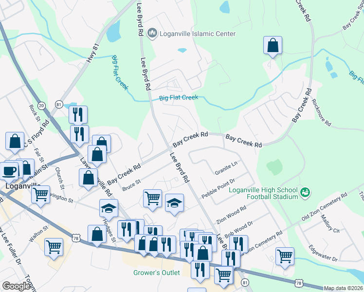 map of restaurants, bars, coffee shops, grocery stores, and more near 403 Bay Creek Road in Loganville