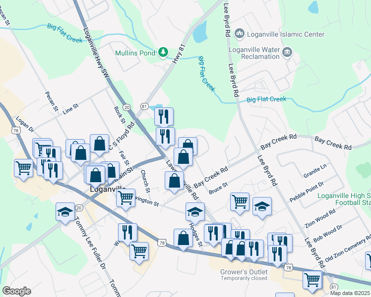 map of restaurants, bars, coffee shops, grocery stores, and more near 709 Jacoby Drive in Loganville