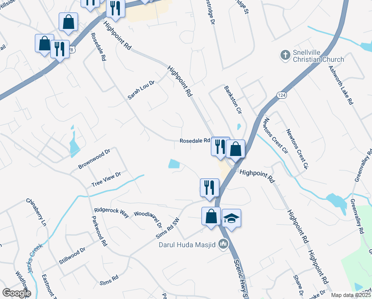 map of restaurants, bars, coffee shops, grocery stores, and more near 2563 Creek Terrace in Snellville