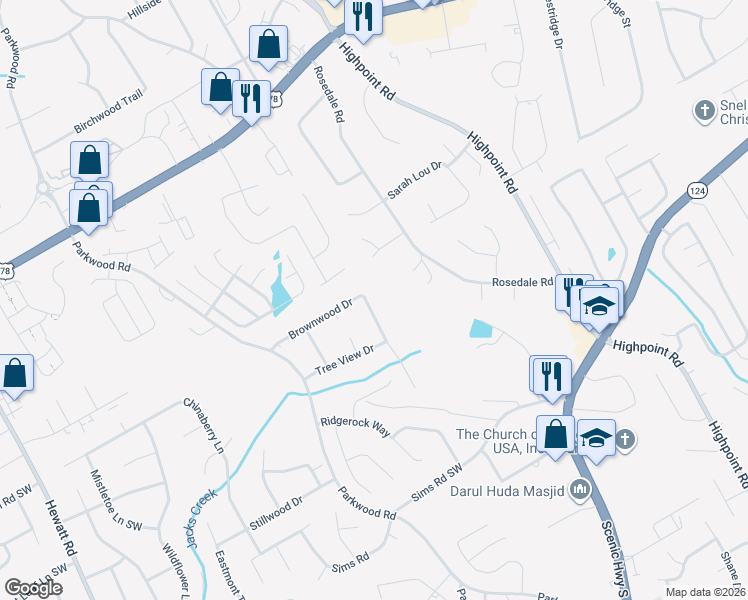map of restaurants, bars, coffee shops, grocery stores, and more near 3265 Brownwood Drive in Snellville