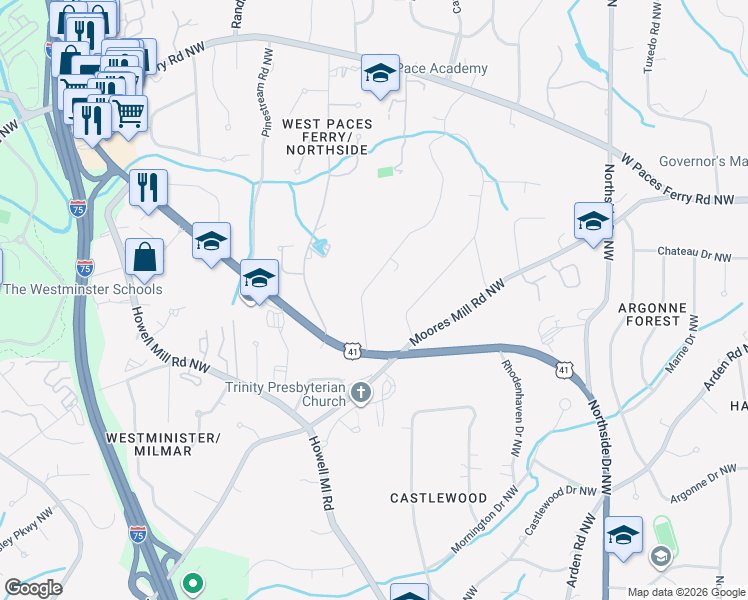 map of restaurants, bars, coffee shops, grocery stores, and more near 3155 East Wood Valley Road Northwest in Atlanta