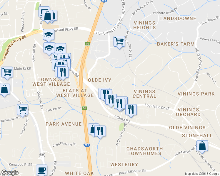 map of restaurants, bars, coffee shops, grocery stores, and more near 427 Tamarron Parkway Southeast in Atlanta