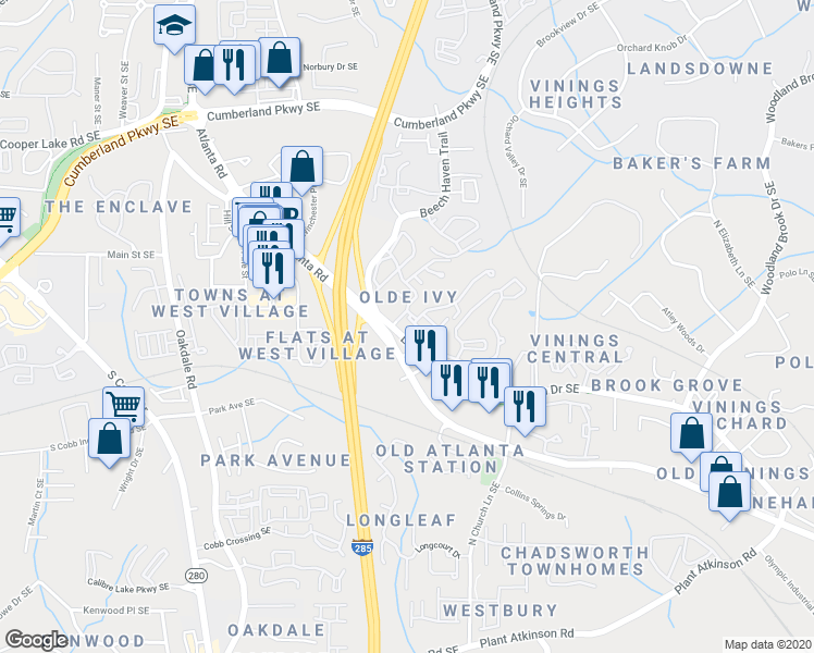 map of restaurants, bars, coffee shops, grocery stores, and more near 2355 Log Cabin Drive Southeast in Smyrna