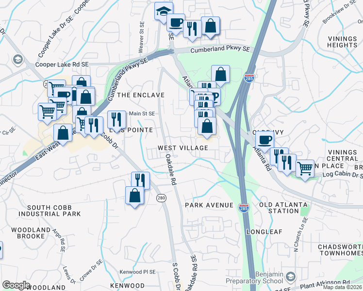 map of restaurants, bars, coffee shops, grocery stores, and more near 2124 West Village Lane in Smyrna