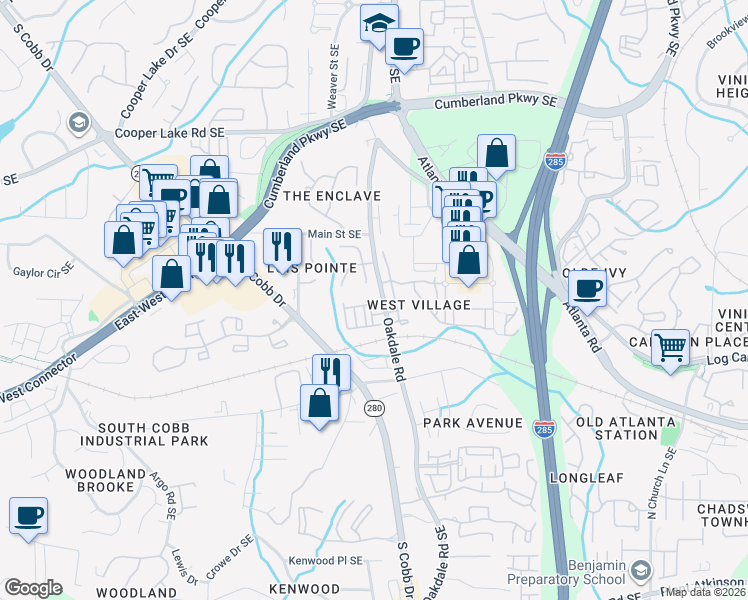 map of restaurants, bars, coffee shops, grocery stores, and more near 4650 West Village Drive in Atlanta