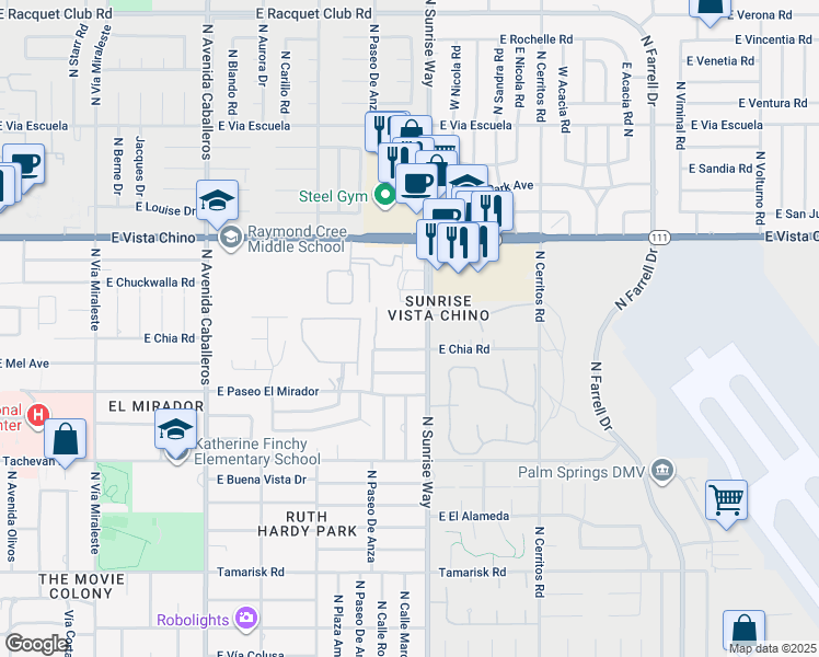 map of restaurants, bars, coffee shops, grocery stores, and more near 1421 North Sunrise Way in Palm Springs