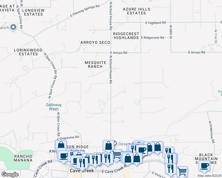 map of restaurants, bars, coffee shops, grocery stores, and more near 39219 North School House Road in Cave Creek