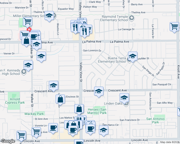 map of restaurants, bars, coffee shops, grocery stores, and more near 8443 San Clemente Way in Buena Park