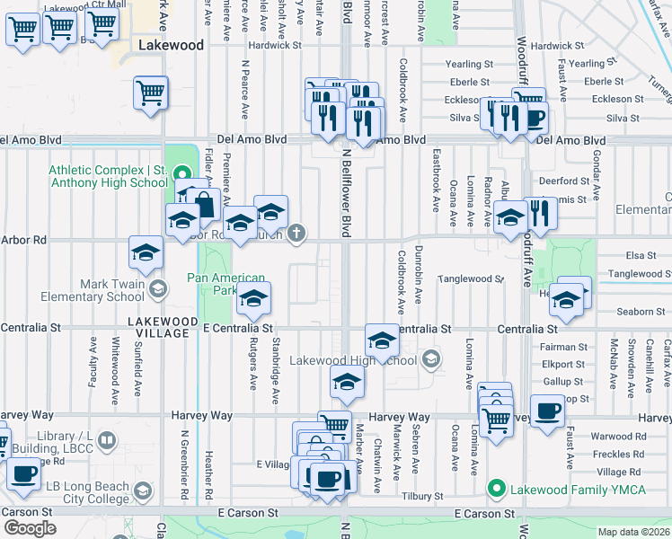 map of restaurants, bars, coffee shops, grocery stores, and more near 4602 North Bellflower Boulevard in Lakewood