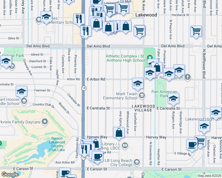 map of restaurants, bars, coffee shops, grocery stores, and more near 4609 Graywood Avenue in Long Beach