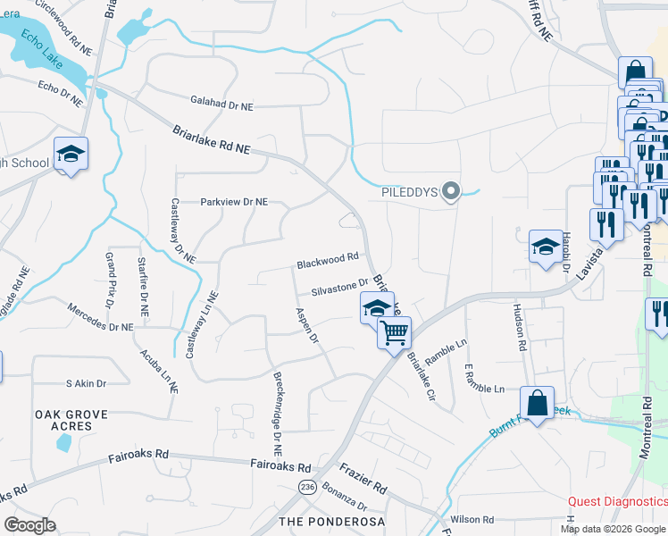 map of restaurants, bars, coffee shops, grocery stores, and more near 1928 Silvastone Drive in Decatur