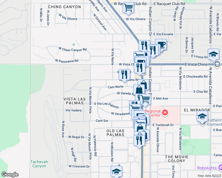 map of restaurants, bars, coffee shops, grocery stores, and more near 365 Camino Norte in Palm Springs
