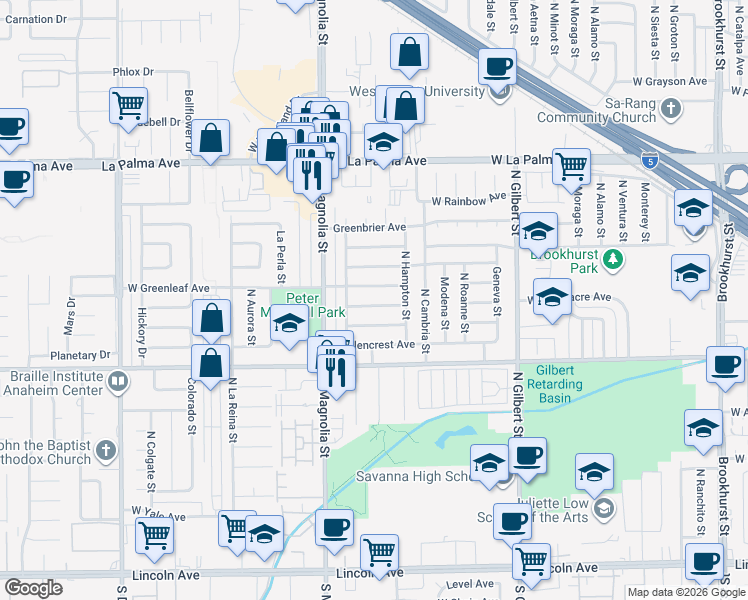 map of restaurants, bars, coffee shops, grocery stores, and more near 2545 West Greenacre Avenue in Anaheim
