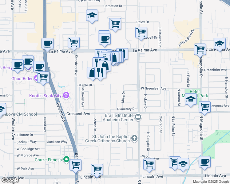 map of restaurants, bars, coffee shops, grocery stores, and more near 8335 Galaxy Circle in Buena Park