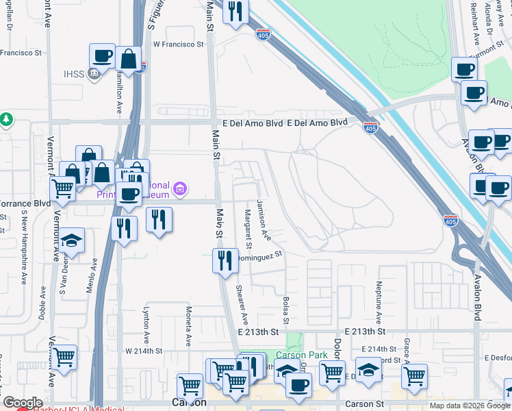 map of restaurants, bars, coffee shops, grocery stores, and more near 20805 Jamison Avenue in Carson