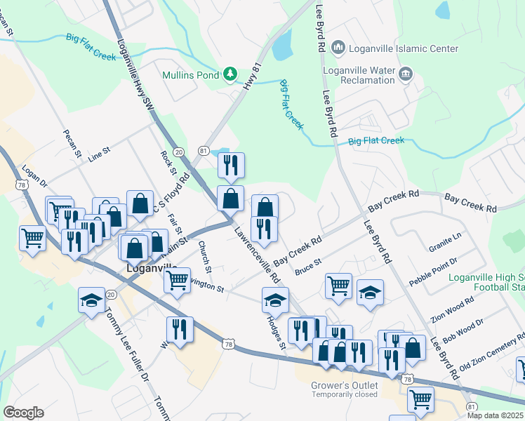 map of restaurants, bars, coffee shops, grocery stores, and more near 709 Jacoby Drive in Loganville