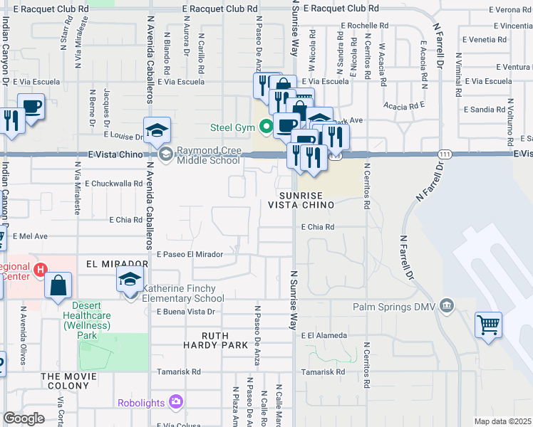 map of restaurants, bars, coffee shops, grocery stores, and more near 1407 North Sunrise Way in Palm Springs