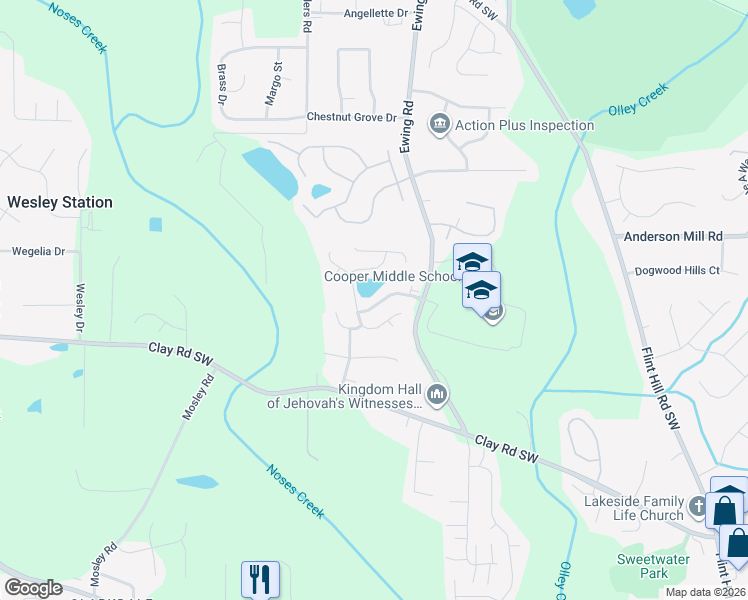 map of restaurants, bars, coffee shops, grocery stores, and more near 2868 Betula Drive in Austell
