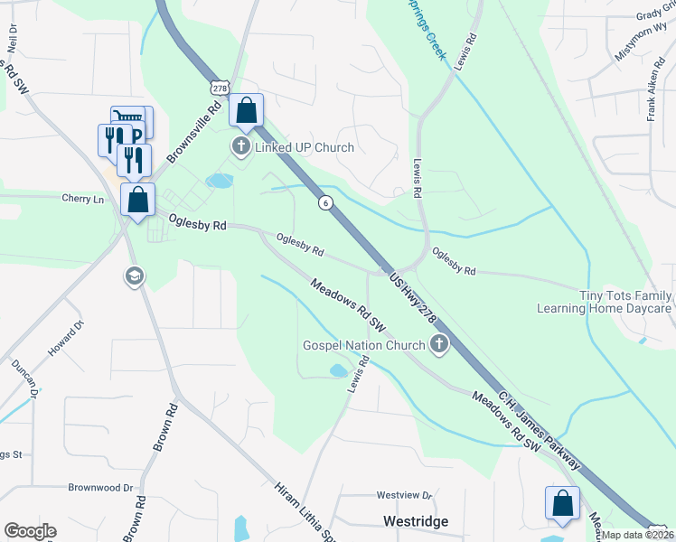 map of restaurants, bars, coffee shops, grocery stores, and more near 4579 Meadows Road Southwest in Powder Springs