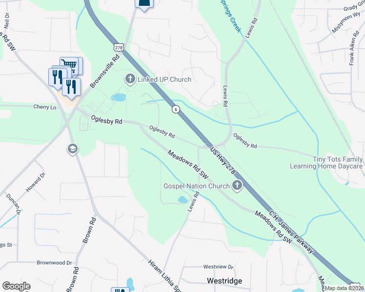 map of restaurants, bars, coffee shops, grocery stores, and more near 4579 Meadows Road Southwest in Powder Springs