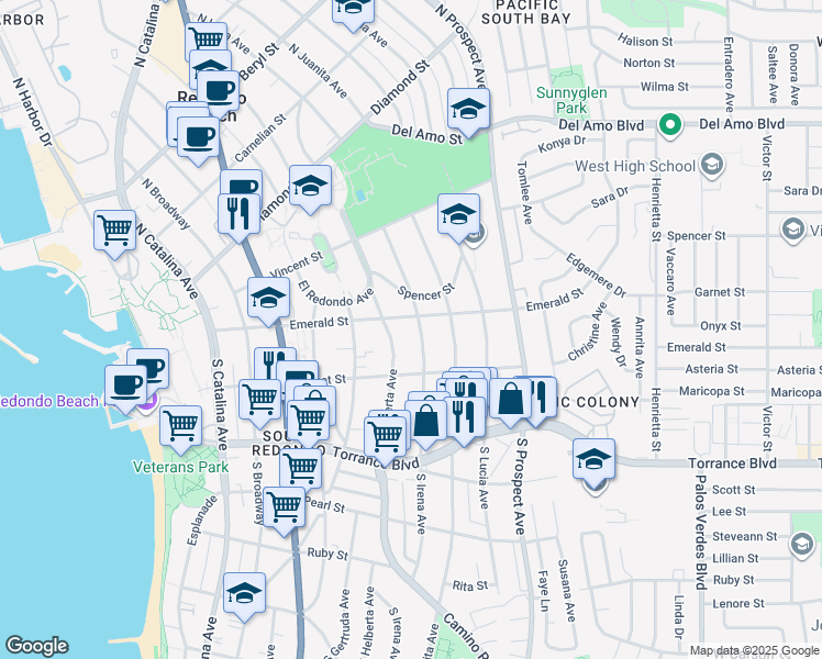 map of restaurants, bars, coffee shops, grocery stores, and more near 105 South Irena Avenue in Redondo Beach