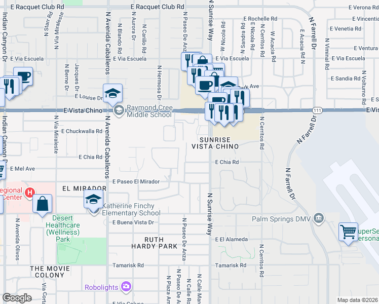 map of restaurants, bars, coffee shops, grocery stores, and more near 1407 North Sunrise Way in Palm Springs