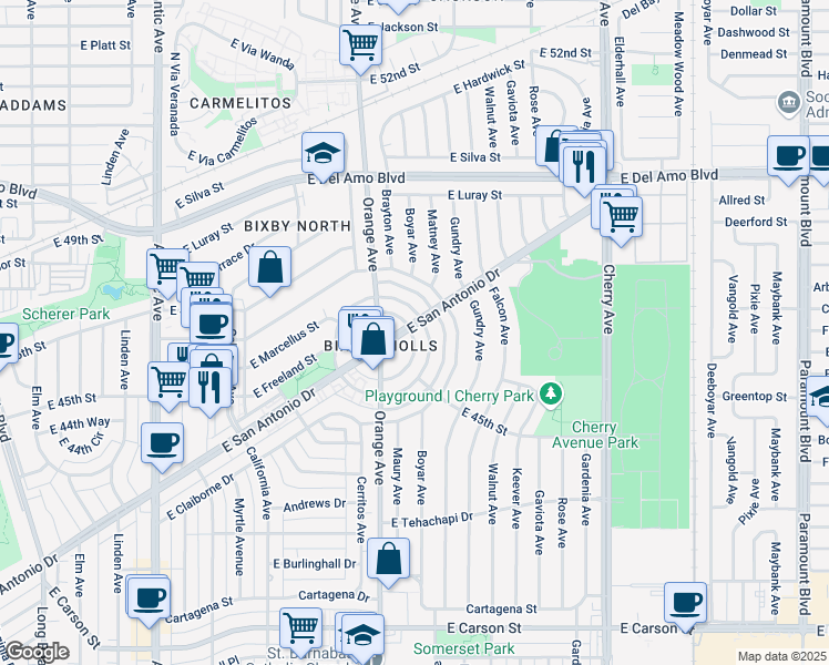 map of restaurants, bars, coffee shops, grocery stores, and more near 1250 East San Antonio Drive in Long Beach