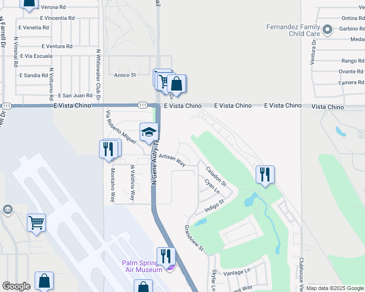 map of restaurants, bars, coffee shops, grocery stores, and more near 1403 Celadon Street in Palm Springs