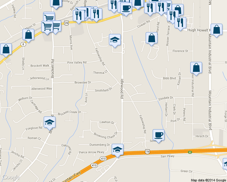 map of restaurants, bars, coffee shops, grocery stores, and more near 4251 Smithfield Drive in Tucker