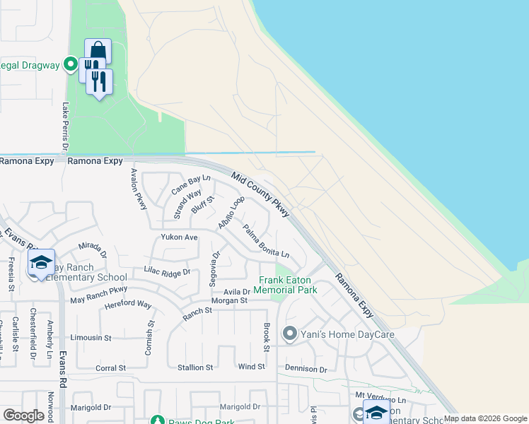 map of restaurants, bars, coffee shops, grocery stores, and more near 1483 Albillo Loop in Perris
