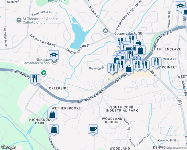 map of restaurants, bars, coffee shops, grocery stores, and more near 4606 Wehunt Commons Drive in Smyrna