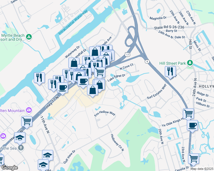map of restaurants, bars, coffee shops, grocery stores, and more near 1506 Lake Egret Drive in North Myrtle Beach