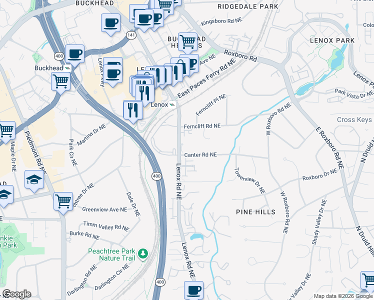 map of restaurants, bars, coffee shops, grocery stores, and more near 3201 Lenox Road Northeast in Atlanta