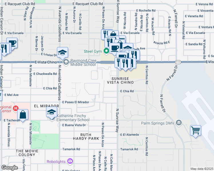 map of restaurants, bars, coffee shops, grocery stores, and more near 1407 North Sunrise Way in Palm Springs
