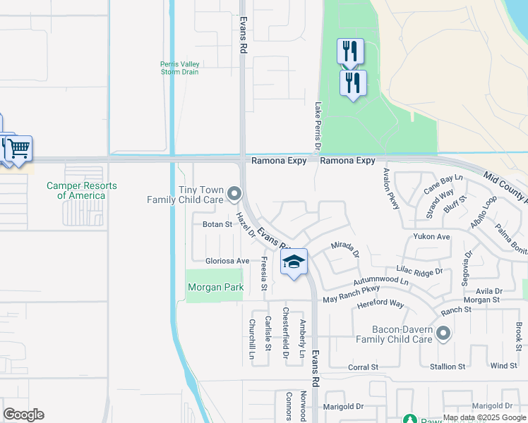 map of restaurants, bars, coffee shops, grocery stores, and more near 3831 Auburn Ridge Drive in Perris