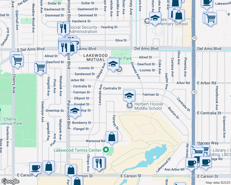 map of restaurants, bars, coffee shops, grocery stores, and more near 3318 Fairman Street in Lakewood