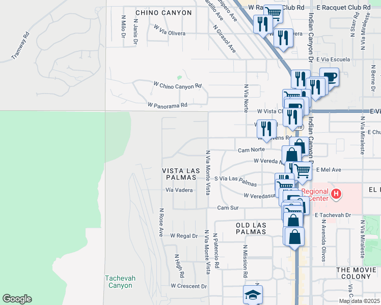 map of restaurants, bars, coffee shops, grocery stores, and more near 750 Camino Norte in Palm Springs