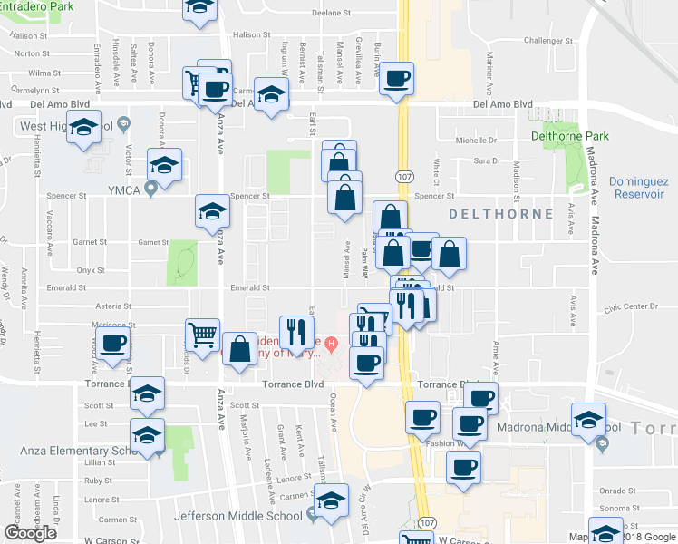 map of restaurants, bars, coffee shops, grocery stores, and more near 20709 Mansel Avenue in Torrance