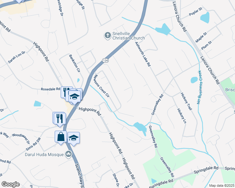 map of restaurants, bars, coffee shops, grocery stores, and more near 2743 Newtons Crest Circle in Snellville