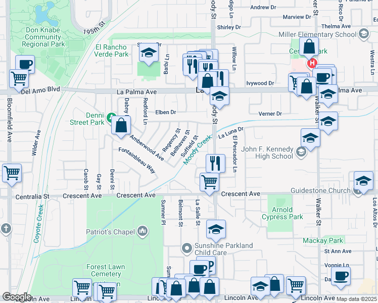 map of restaurants, bars, coffee shops, grocery stores, and more near 8262 Suffield Street in La Palma
