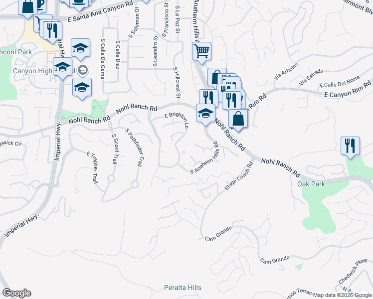map of restaurants, bars, coffee shops, grocery stores, and more near 6086 East Silverspur Trail in Anaheim