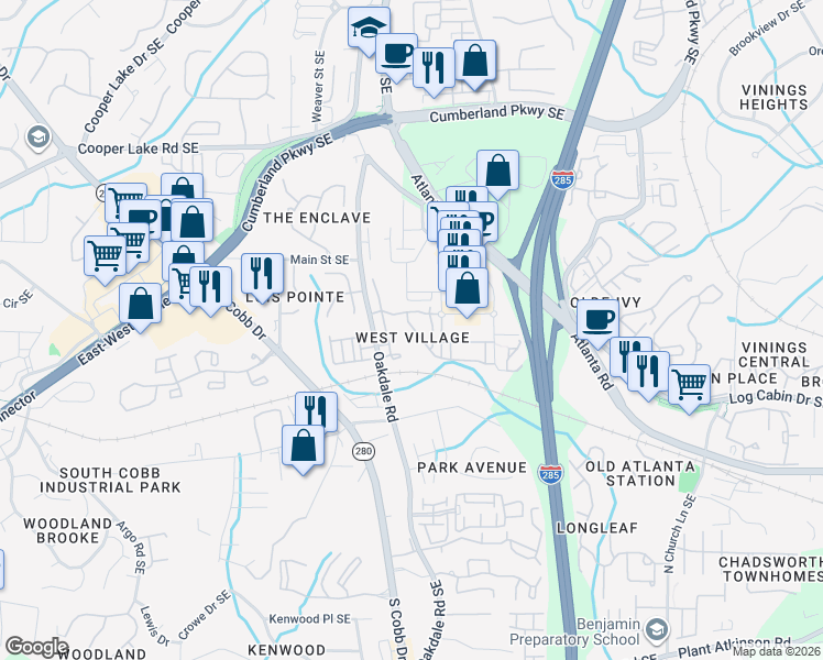 map of restaurants, bars, coffee shops, grocery stores, and more near 2124 West Village Lane in Smyrna