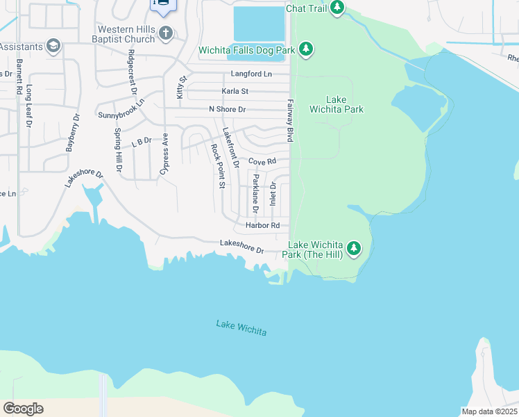 map of restaurants, bars, coffee shops, grocery stores, and more near 5130 Parklane Drive in Wichita Falls