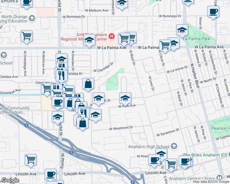 map of restaurants, bars, coffee shops, grocery stores, and more near 1302 West Lido Place in Anaheim
