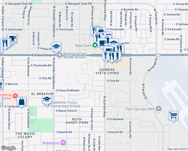 map of restaurants, bars, coffee shops, grocery stores, and more near 1407 North Sunrise Way in Palm Springs