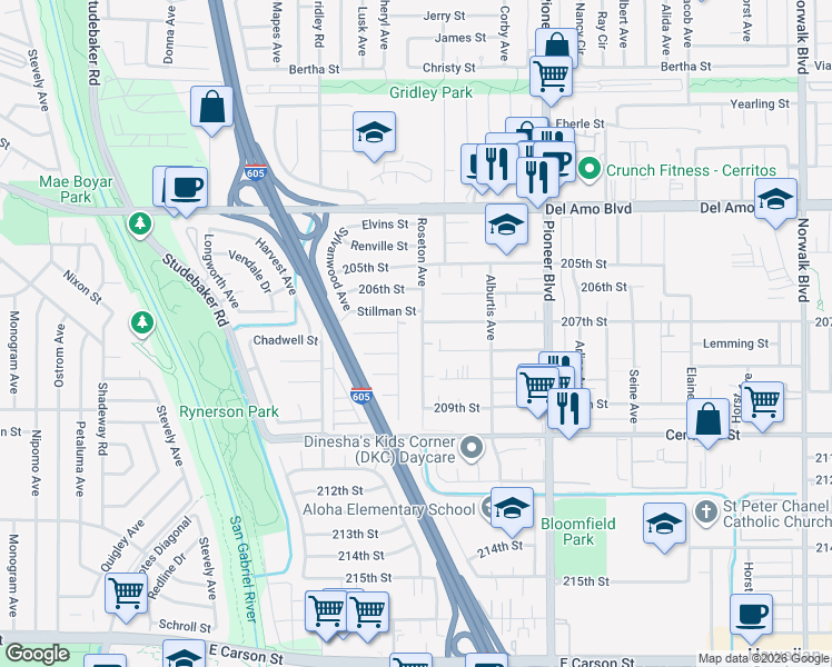 map of restaurants, bars, coffee shops, grocery stores, and more near 20728 Nectar Avenue in Lakewood