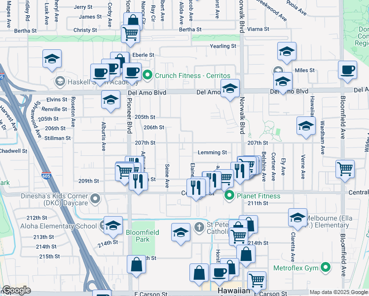 map of restaurants, bars, coffee shops, grocery stores, and more near 11932 207th Street in Lakewood