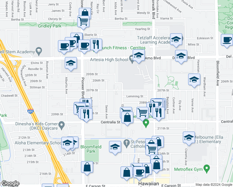 map of restaurants, bars, coffee shops, grocery stores, and more near 11932 207th Street in Lakewood