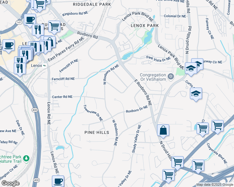 map of restaurants, bars, coffee shops, grocery stores, and more near 1215 Woods Circle Northeast in Atlanta